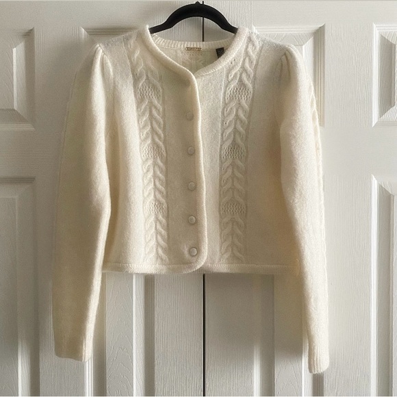Magaschoni Sweaters - MAGASCHONI MOHAIR MERINO WOOL CHEVRON CABLE KNIT EVY CROPPED CARDIGAN Cream M